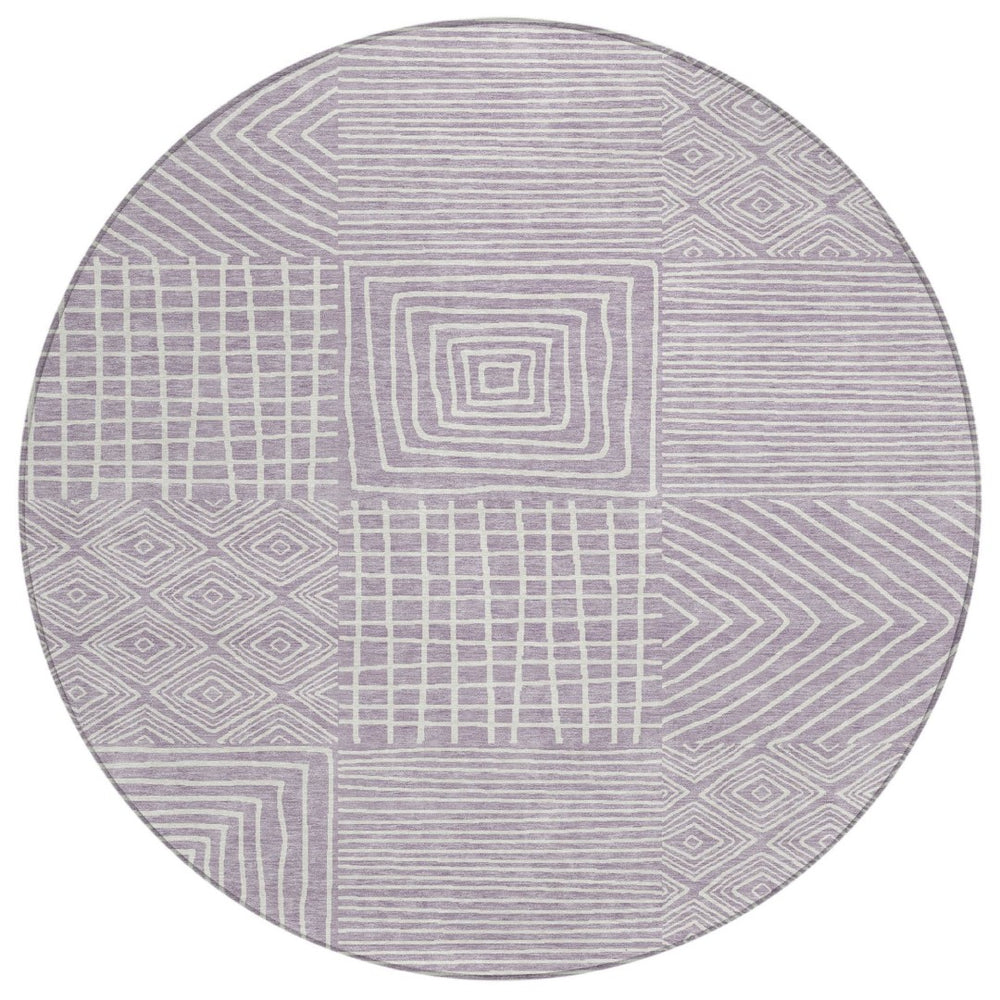 HomeRoots 5' Stylish Lavender and Ivory Geometric Area Rug - Durable, Washable, Perfect for Indoor & Outdoor Use 8' Round 600752