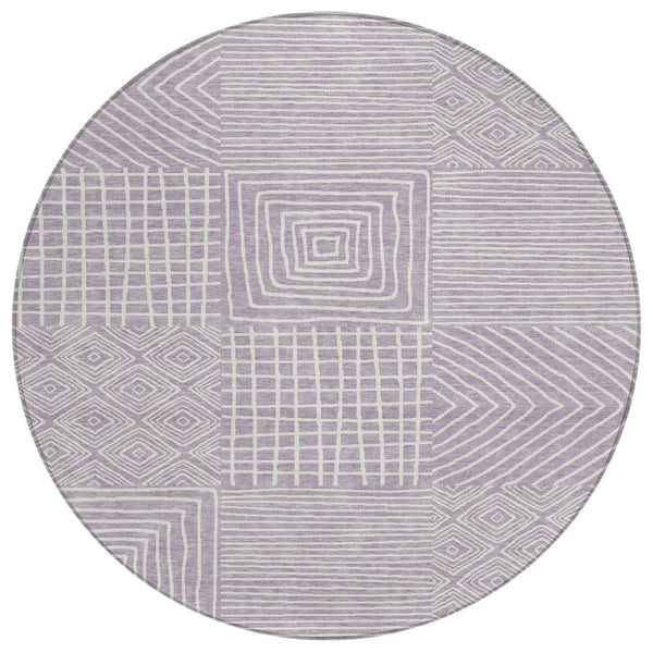 HomeRoots 5' Stylish Lavender and Ivory Geometric Area Rug - Durable, Washable, Perfect for Indoor & Outdoor Use 8' Round 600752