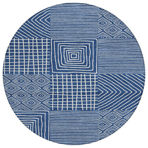 HomeRoots 5' Navy Blue and Ivory Geometric Area Rug - Durable, Washable Design for Indoor & Outdoor Use 8' Round 600758