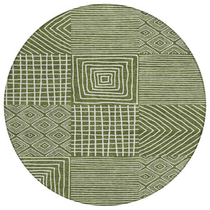 HomeRoots 5' Stylish Olive Green and Ivory Geometric Area Rug – Durable, Washable for Indoor & Outdoor Use 8' Round 600764