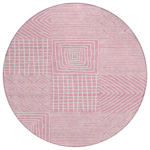 HomeRoots 5' Pink and Ivory Geometric Indoor Outdoor Area Rug - Durable, Washable & Stylish for Any Space 8' Round 600770