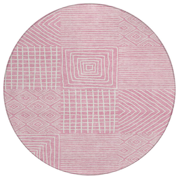 HomeRoots 5' Pink and Ivory Geometric Indoor Outdoor Area Rug - Durable, Washable & Stylish for Any Space 8' Round 600770