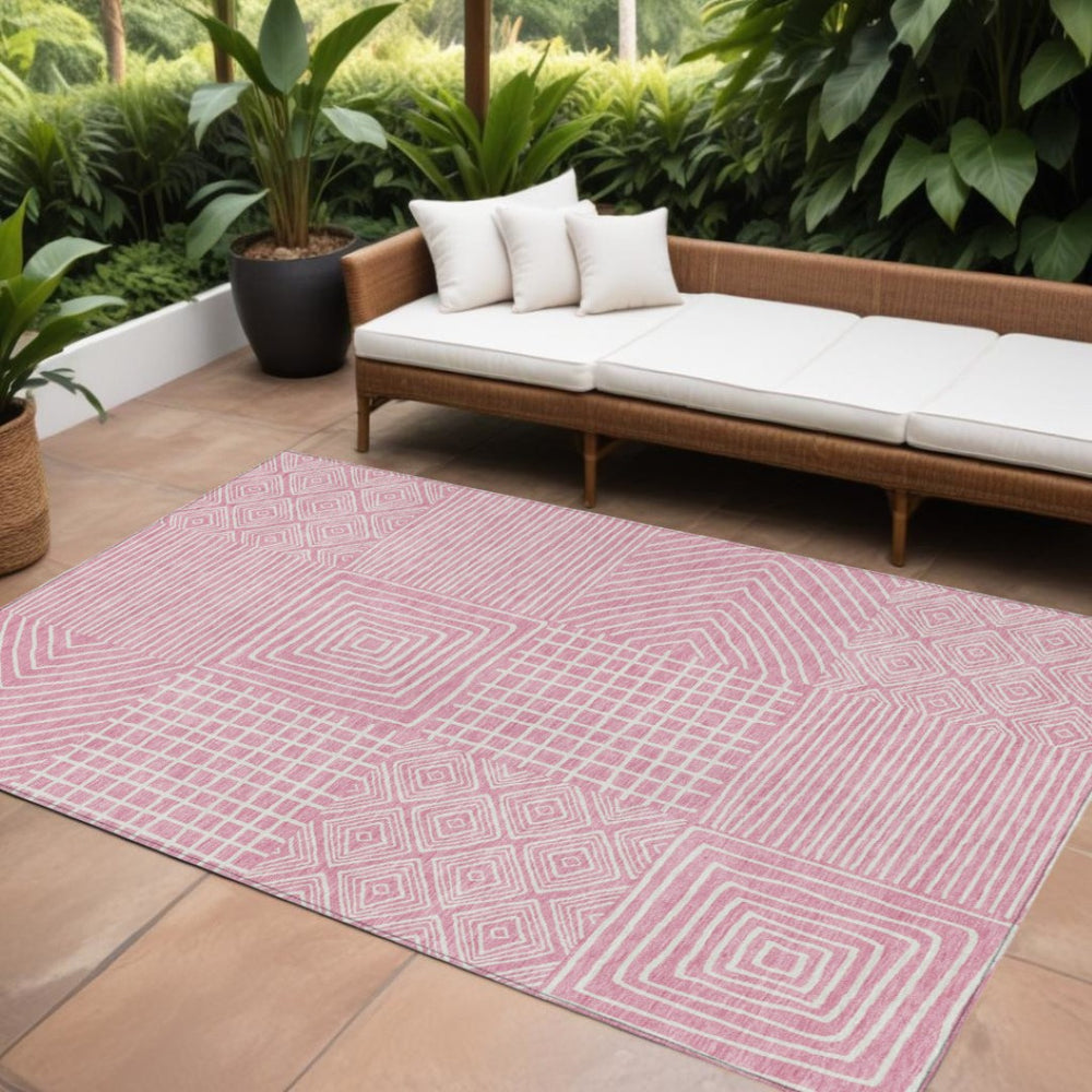 HomeRoots 5' Pink and Ivory Geometric Indoor Outdoor Area Rug - Durable, Washable & Stylish for Any Space 8' X 10' 600771