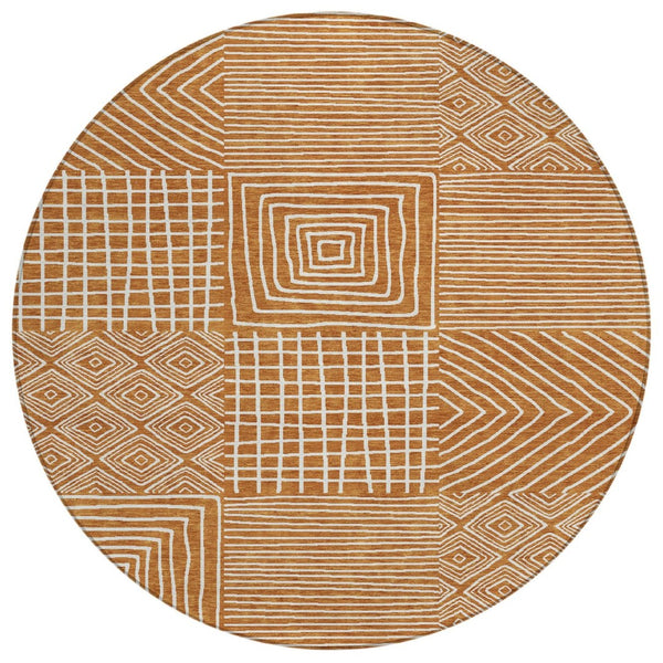 HomeRoots 5' Copper and Ivory Geometric Area Rug - Stylish, Washable Design for Indoor and Outdoor Spaces 8' Round 600776