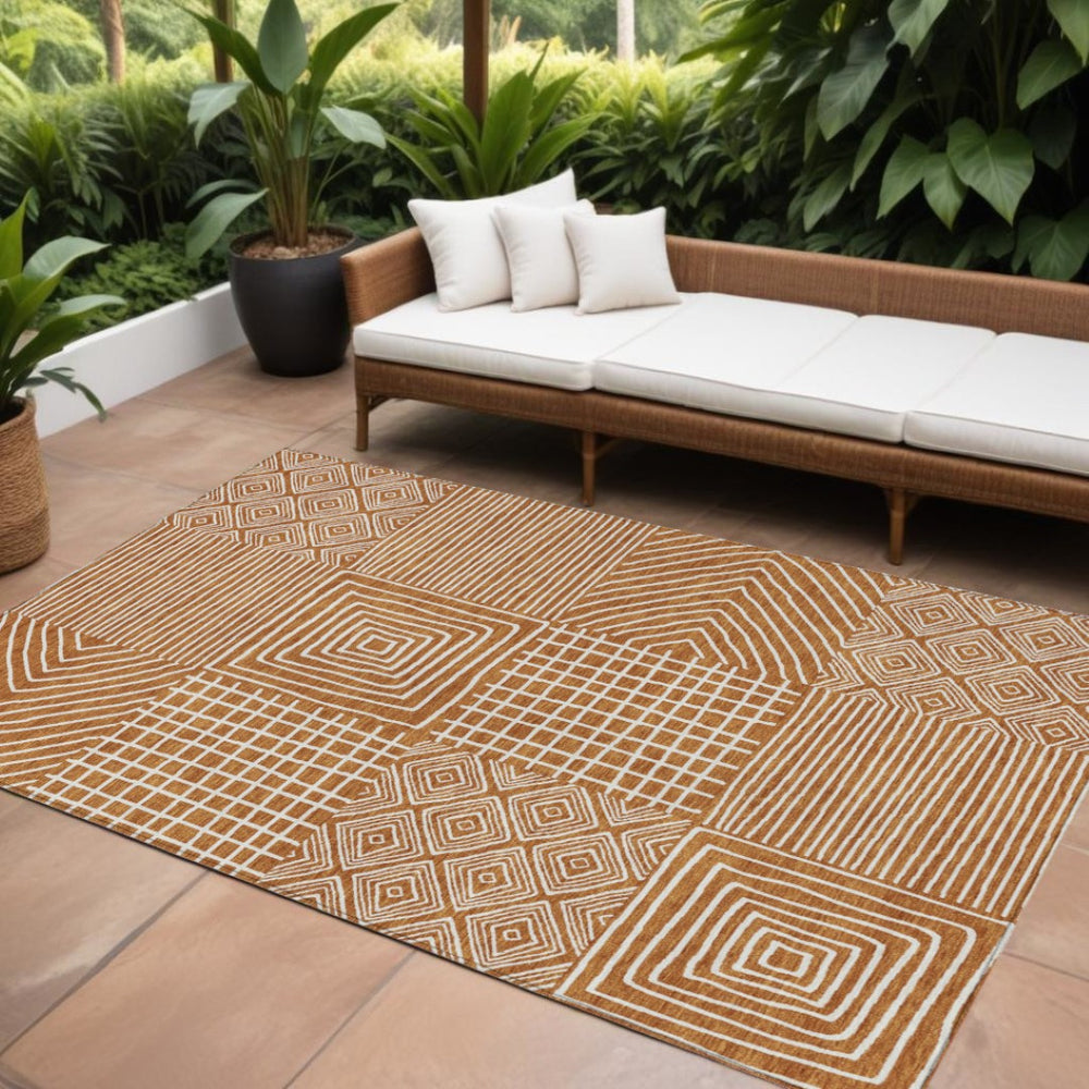 HomeRoots 9' X 12' Copper Geometric Area Rug - Stylish, Washable & Durable for Indoor/Outdoor Spaces 600778