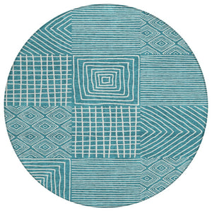 HomeRoots 5' Contemporary Teal Blue and Ivory Geometric Area Rug - Washable, Durable for Indoor & Outdoor Use 8' Round 600782
