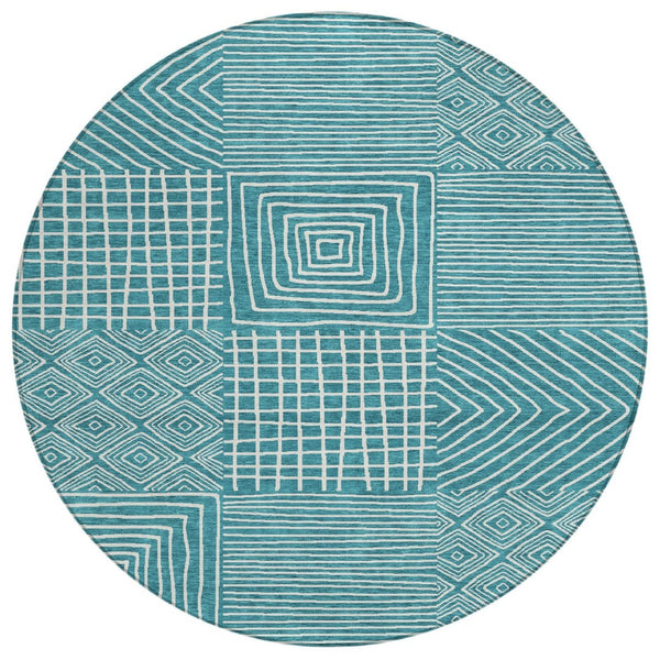 HomeRoots 5' Contemporary Teal Blue and Ivory Geometric Area Rug - Washable, Durable for Indoor & Outdoor Use 8' Round 600782