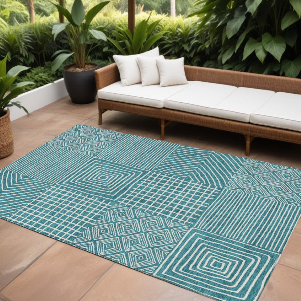 HomeRoots 9' X 12' Stylish Teal Blue and Ivory Geometric Area Rug – Durable, Washable, Indoor/Outdoor Use! 600784