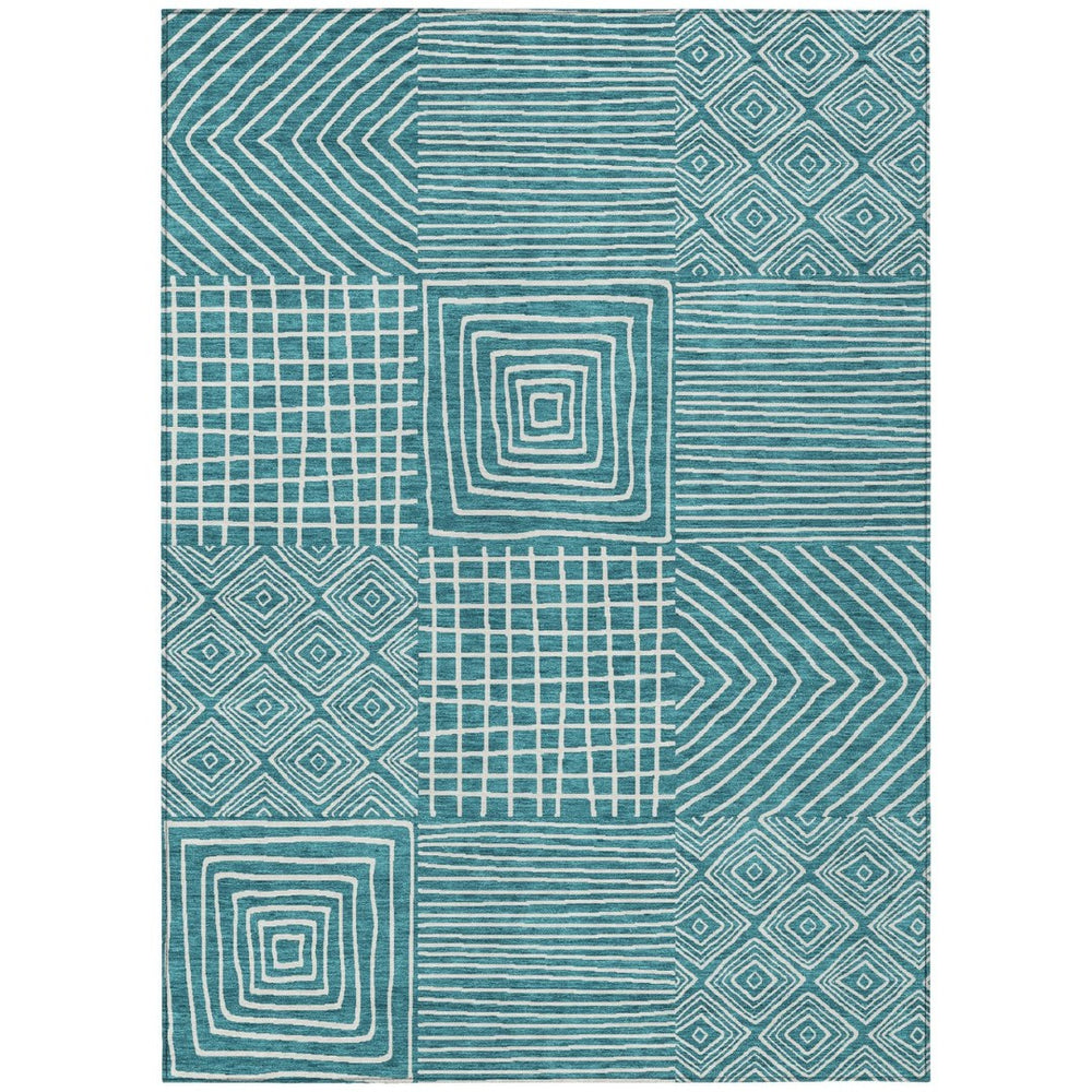 HomeRoots 9' X 12' Stylish Teal Blue and Ivory Geometric Area Rug – Durable, Washable, Indoor/Outdoor Use! 600784