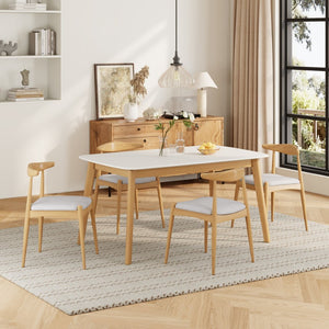 English Elm 5-piece Mid-century Modern Dining Set Rubberwood Table Splayed Legs Cushioned Chairs Beige,White+Oak N759S002002B