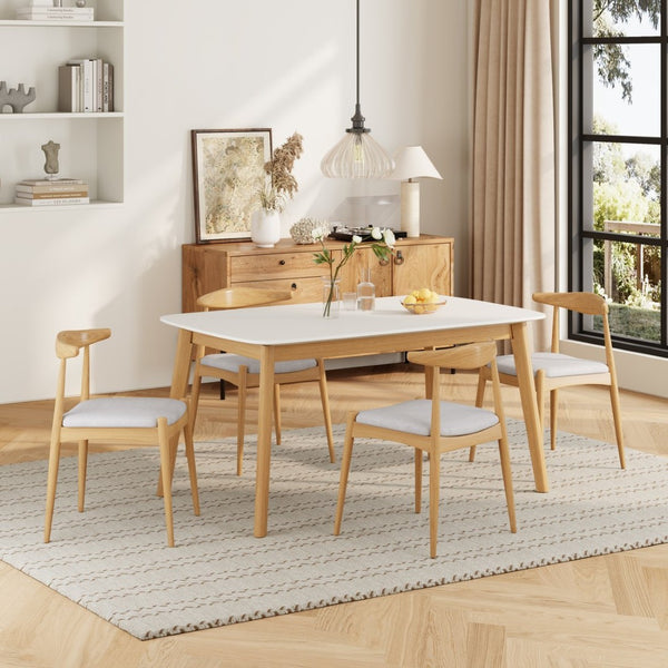 English Elm 5-piece Mid-century Modern Dining Set Rubberwood Table Splayed Legs Cushioned Chairs Beige,White+Oak N759S002002B
