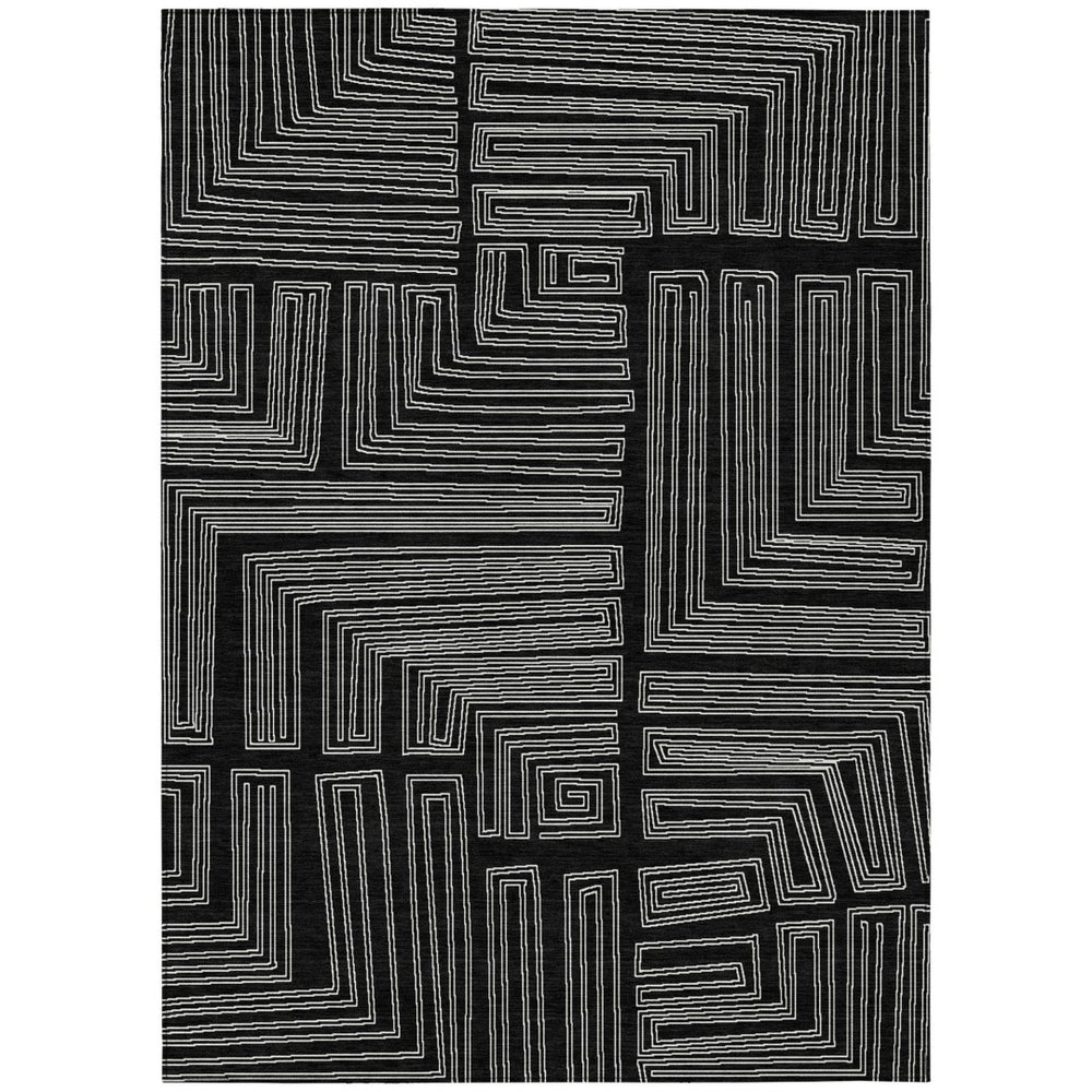 HomeRoots 5' Geometric Black and Ivory Washable Area Rug - Durable, Stylish for Indoor and Outdoor Spaces 5' X 8' 600799