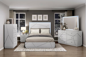 English Elm Glamorous White Lacquer California King Bed with Led Headboard and Geometric Accents B011S02214