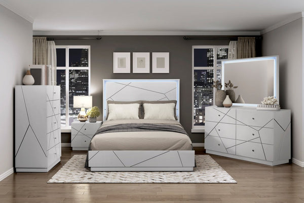 English Elm Glamorous White Lacquer California King Bed with Led Headboard and Geometric Accents B011S02214