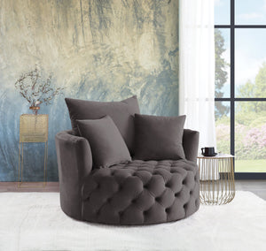 English Elm Zunyas Gray Velvet Swivel Accent Chair with Button Tufting, 360° Comfort, Wooden Frame & 3 Pillows B2726P256294
