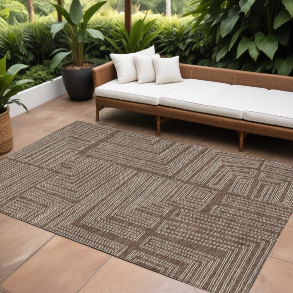 HomeRoots 9' X 12' Brown and Ivory Geometric Area Rug – Stylish, Washable, Durable for Indoor & Outdoor Use! 600808