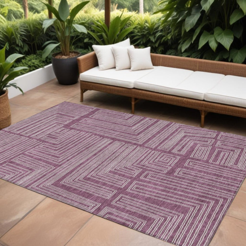 HomeRoots 9' X 12' Contemporary Eggplant & Ivory Geometric Washable Area Rug for Indoor/Outdoor Use 600814