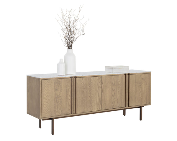 Sunpan Briar Mid-Century Modern Sideboard with White Marble Top and Antique Brass Accents for Stylish Storage Weathered Oak