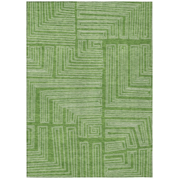 HomeRoots 5' Washable Indoor Outdoor Area Rug in Green and Ivory Geometric Design for Modern Spaces 10' X 14' 600821