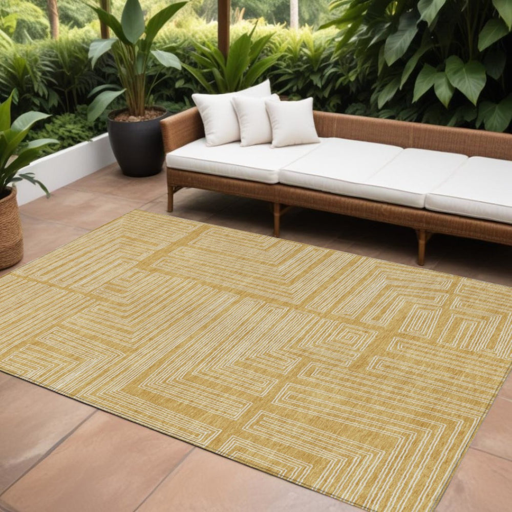 HomeRoots 9' X 12' Gold and Ivory Geometric Washable Area Rug - Durable, Stylish for Indoor and Outdoor Use 600826