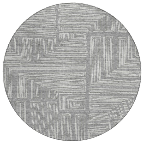 HomeRoots 5' Gray and Ivory Geometric Area Rug - Stylish, Machine Washable Indoor/Outdoor Design for Any Space 8' Round 600830