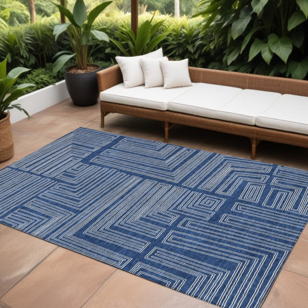 HomeRoots 5' Stylish Navy Blue and Ivory Geometric Indoor Outdoor Area Rug - Durable, Washable, Versatile Décor 10' X 14' 600845