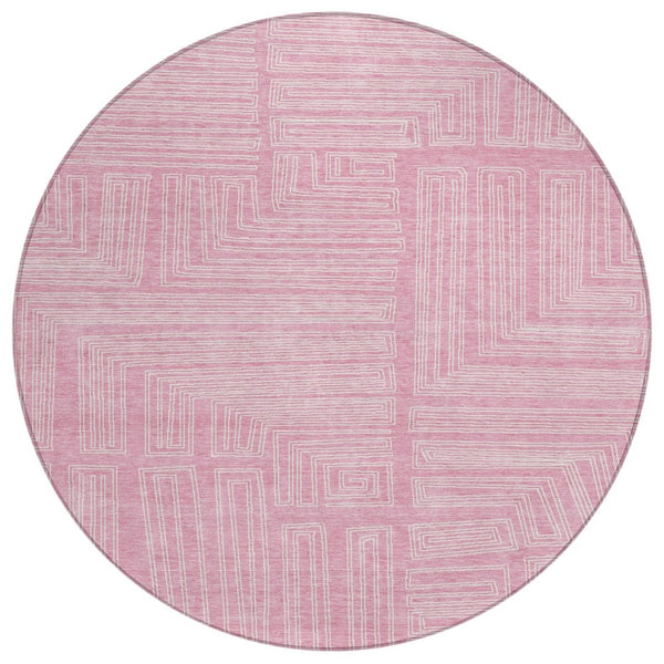 HomeRoots 5' Modern Pink and Ivory Geometric Area Rug - Durable, Washable, Perfect for Indoor and Outdoor Use 8' Round 600848