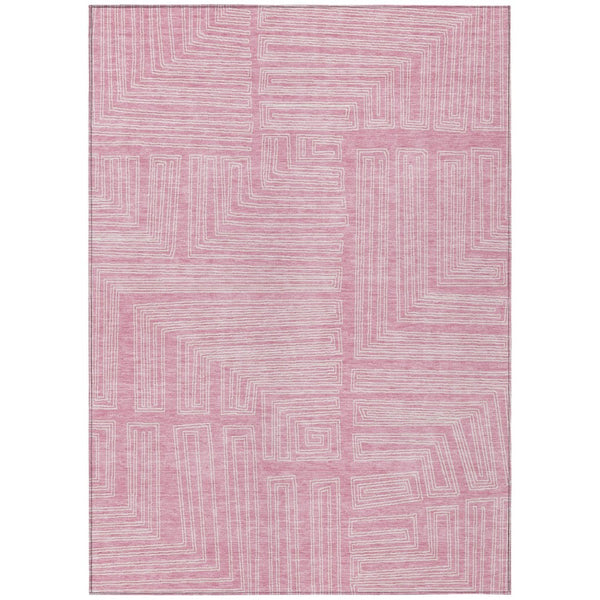 HomeRoots 5' Modern Pink and Ivory Geometric Area Rug - Durable, Washable, Perfect for Indoor and Outdoor Use 8' X 10' 600849