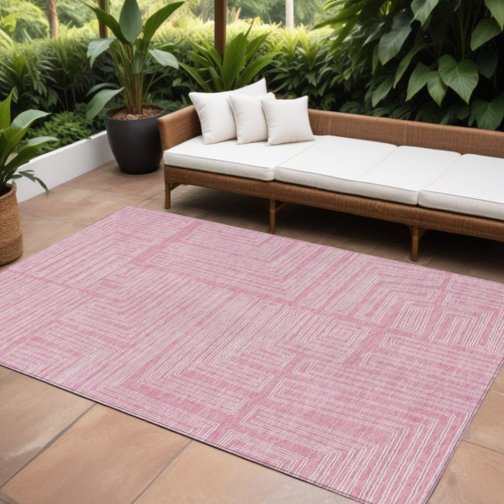 HomeRoots 9' X 12' Pink And Ivory Geometric Indoor Outdoor Area Rug - Washable, Durable, Stylish for Every Space 600850