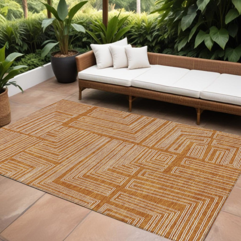 HomeRoots 9' X 12' Copper & Ivory Geometric Area Rug - Washable, Indoor/Outdoor, Stylish & Durable Design! 600856