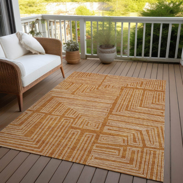 HomeRoots 9' X 12' Copper & Ivory Geometric Area Rug - Washable, Indoor/Outdoor, Stylish & Durable Design! 600856