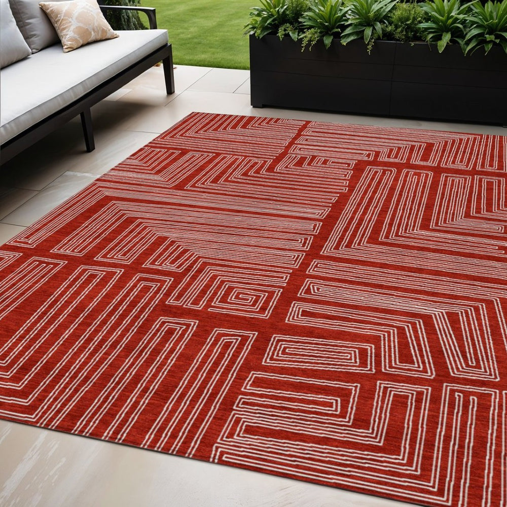HomeRoots 5' Bold Red and Ivory Geometric Area Rug - Stylish, Washable, Indoor-Outdoor Durability for High Traffic 5' X 8' 600859