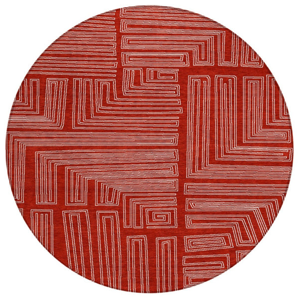 HomeRoots 5' Bold Red and Ivory Geometric Area Rug - Stylish, Washable, Indoor-Outdoor Durability for High Traffic 8' Round 600860