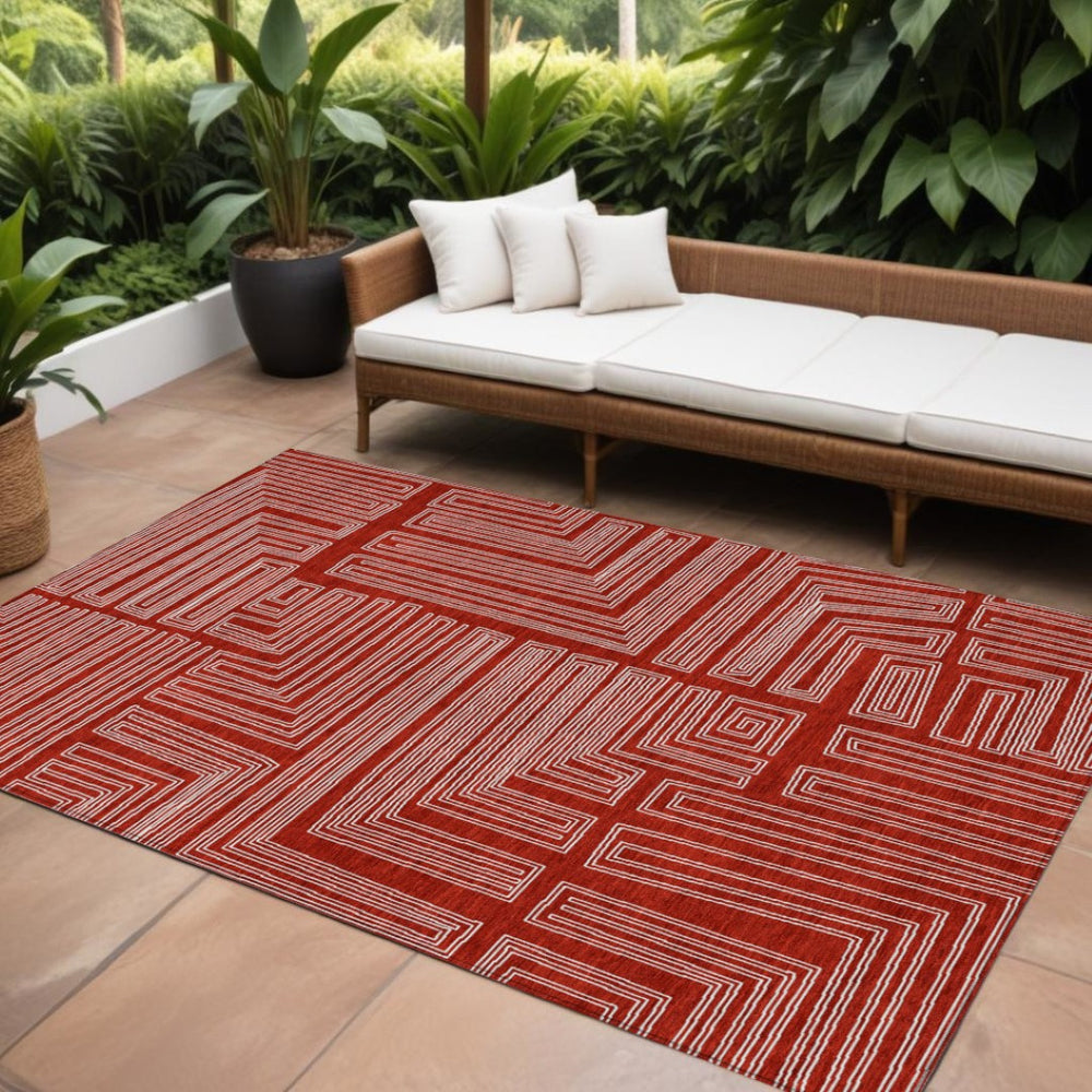 HomeRoots 9' X 12' Bold Red and Ivory Geometric Area Rug - Washable, Durable, Perfect for Indoor & Outdoor Use 600862