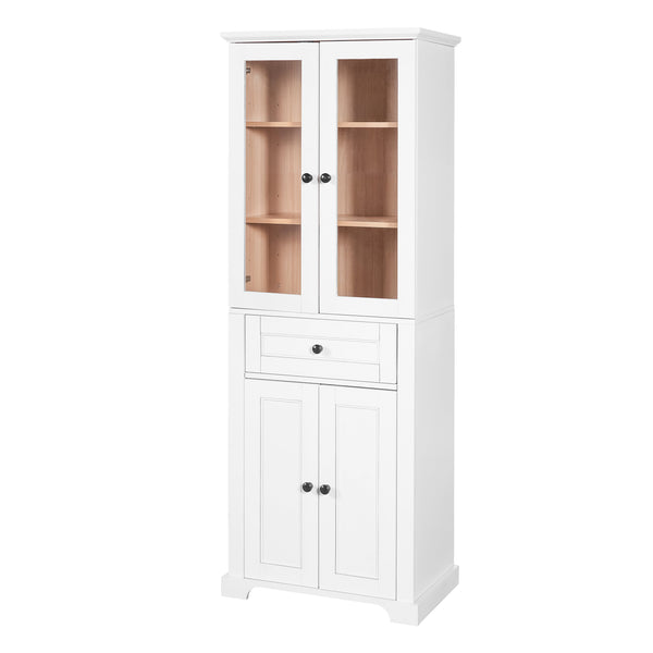 English Elm 67.2" Tall Bathroom Storage Cabinet with Tempered Glass Doors, Adjustable Shelves, Soft-Close Hinges and Anti-Tip Safety White N729P310006K