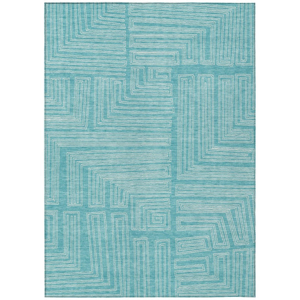 HomeRoots 5' Refresh Your Space with a Stylish Turquoise and Ivory Geometric Washable Area Rug for Indoors Outdoors 10' X 14' 600869