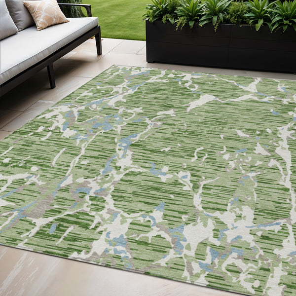 Homeroots 3' Striped Artichoke Green And Beige Washable Area Rug For Indoor And Outdoor Spaces 5' X 8' Polyester 600871