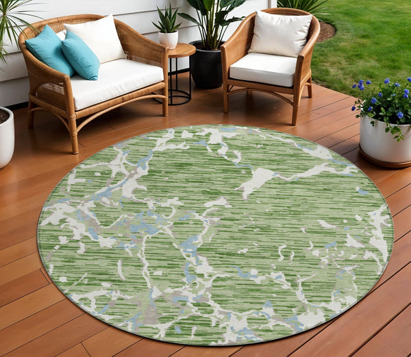 Homeroots 3' Striped Artichoke Green And Beige Washable Area Rug For Indoor And Outdoor Spaces 8' Round Polyester 600872