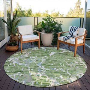 Homeroots 3' Striped Artichoke Green And Beige Washable Area Rug For Indoor And Outdoor Spaces 8' Round Polyester 600872