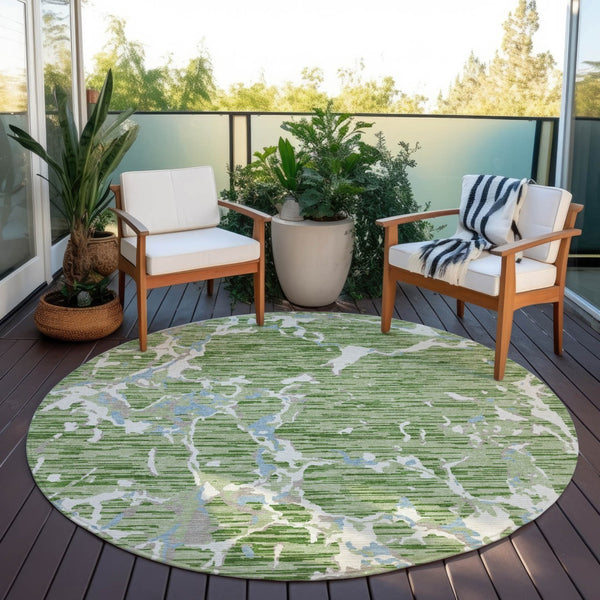 Homeroots 3' Striped Artichoke Green And Beige Washable Area Rug For Indoor And Outdoor Spaces 8' Round Polyester 600872