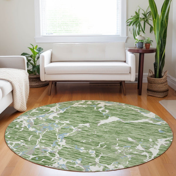 Homeroots 3' Striped Artichoke Green And Beige Washable Area Rug For Indoor And Outdoor Spaces 8' Round Polyester 600872