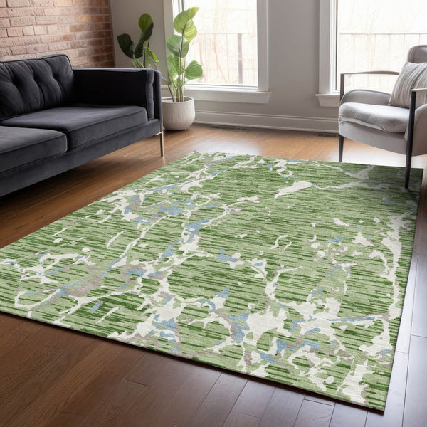Homeroots 3' Striped Artichoke Green And Beige Washable Area Rug For Indoor And Outdoor Spaces 9' X 12' Polyester 600874