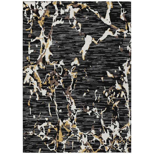 HomeRoots 5' Durable Black Ivory and Brown Striped Area Rug – Machine Washable for Indoor and Outdoor Spaces 5' X 8' 600877