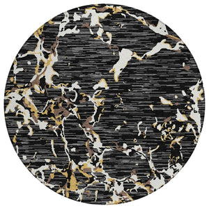HomeRoots 5' Durable Black Ivory and Brown Striped Area Rug – Machine Washable for Indoor and Outdoor Spaces 8' Round 600878