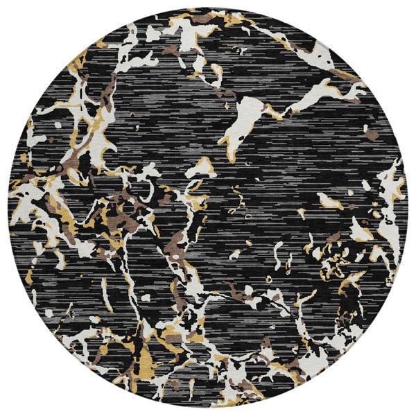 HomeRoots 5' Durable Black Ivory and Brown Striped Area Rug – Machine Washable for Indoor and Outdoor Spaces 8' Round 600878