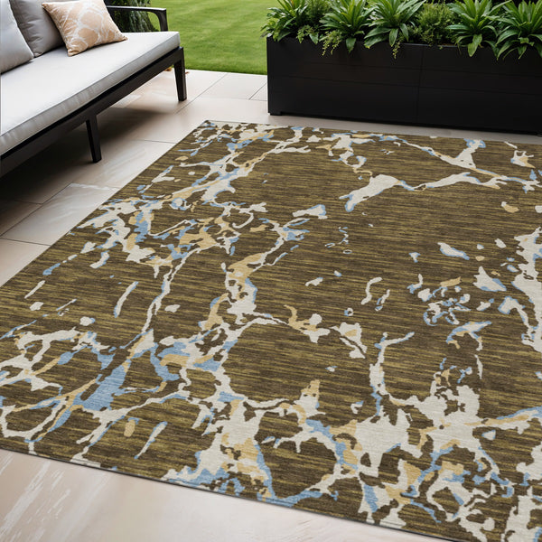 Homeroots 3' Striped Artichoke Green And Beige Washable Area Rug For Indoor And Outdoor Spaces 5' X 8' Polyester 600889