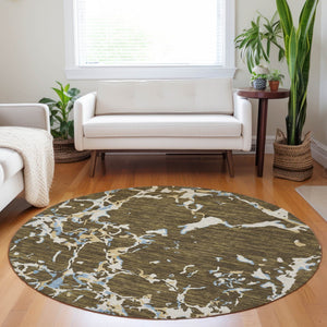 Homeroots 3' Striped Artichoke Green And Beige Washable Area Rug For Indoor And Outdoor Spaces 8' Round Polyester 600890