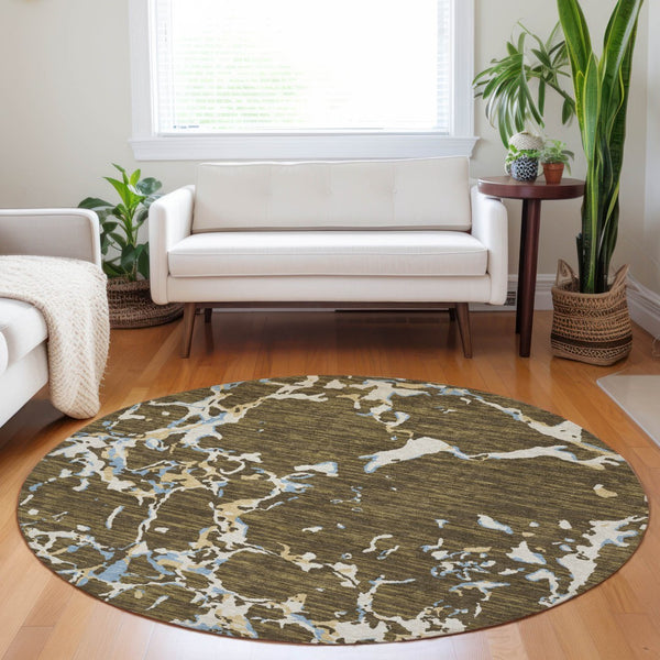 Homeroots 3' Striped Artichoke Green And Beige Washable Area Rug For Indoor And Outdoor Spaces 8' Round Polyester 600890