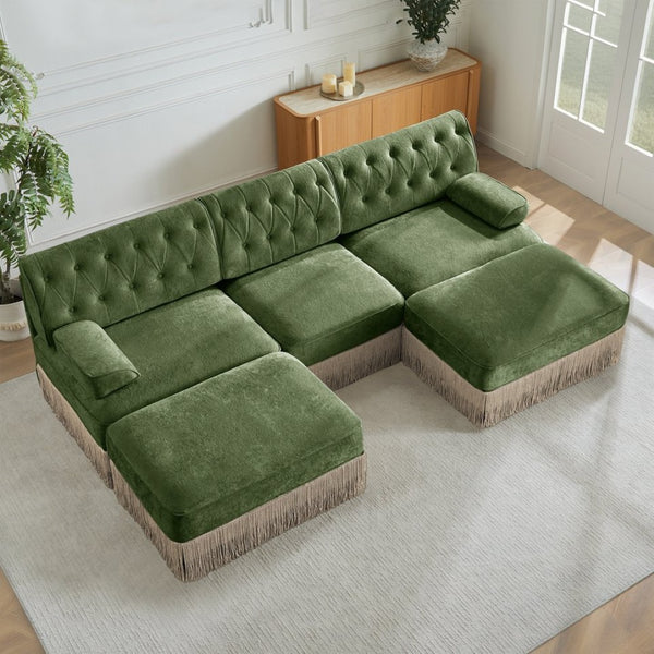 English Elm U Shaped Velvet Chesterfield Sectional with Tufting Tassel Fringe Skirt Modular Living Room Sofa Green W714S01708