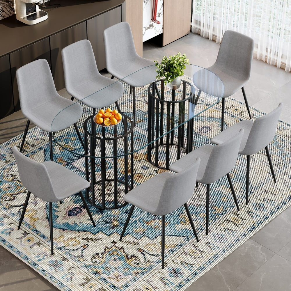 English Elm Table and Chair Set Oval Tempered Glass Top with 8 Linen Seats Light Luxury Dining W1151S04754